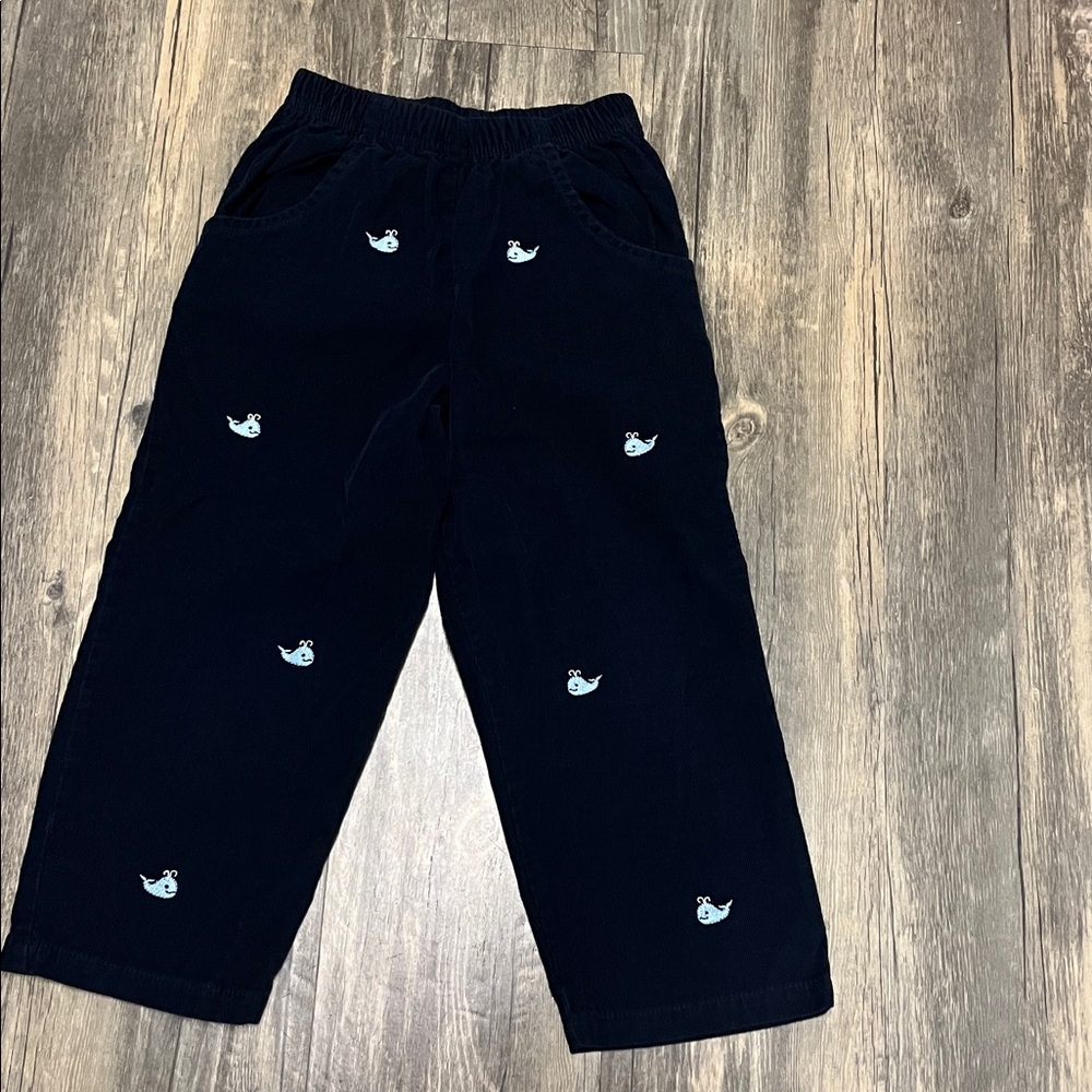 Luigi Kids Embroidered Whale Navy Blue Corduroy Elastic waist Pants Size 4T